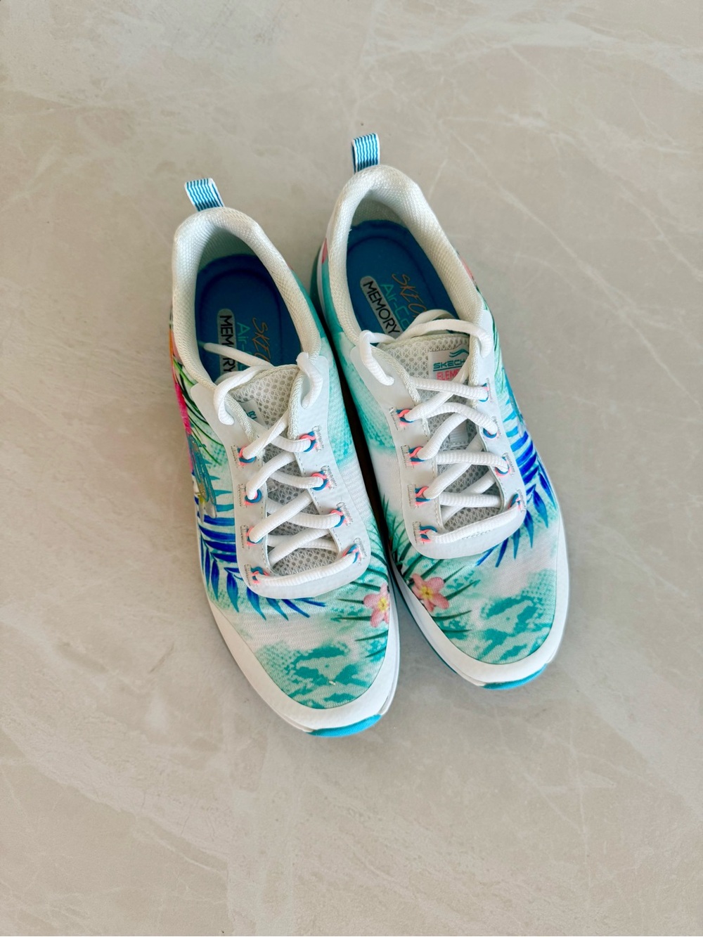 Skechers Memory Foam Floral Tropical Print Women's Sneakers - Teal & White - Picture 4 of 9